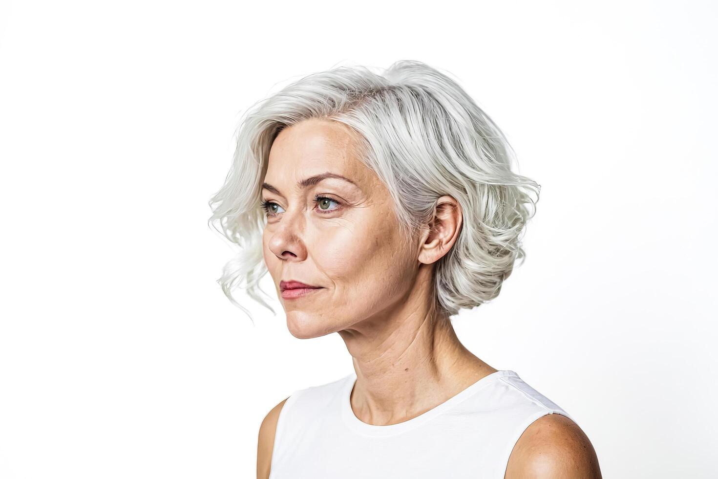 Portrait of a mature woman with white hair looking away photo