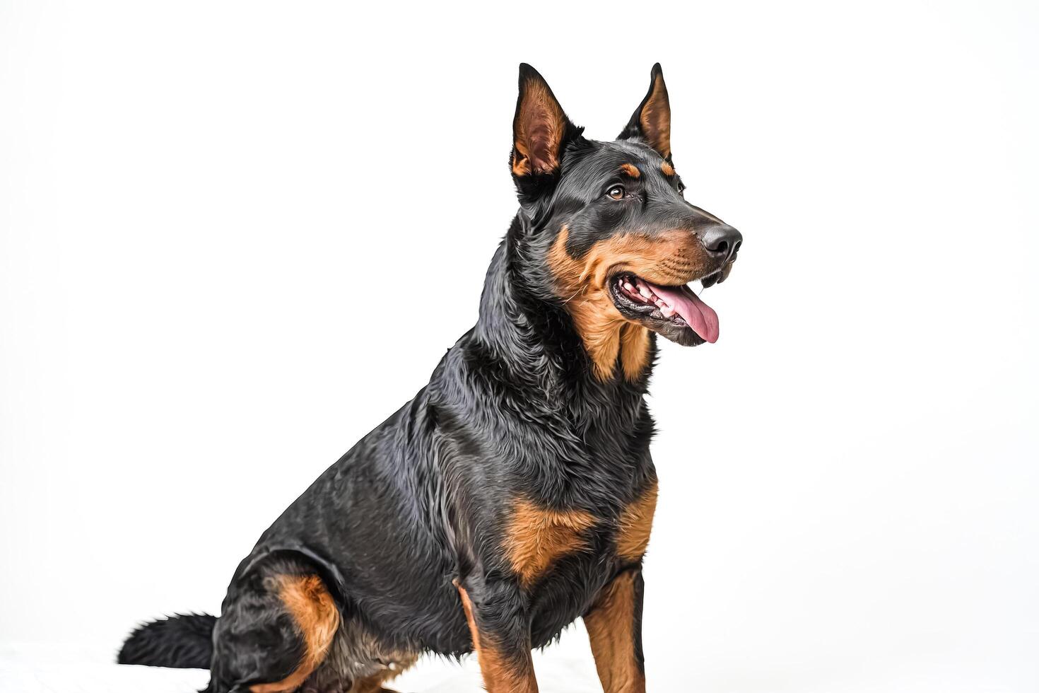 Black and Tan French Shepherd Dog Sitting on White Background photo