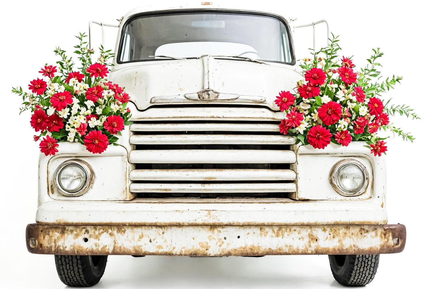 White Vintage Truck Decorated with Red Flowers photo