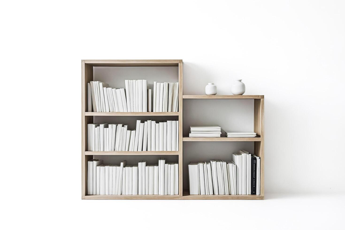 Bookshelf with White Books and Vases photo