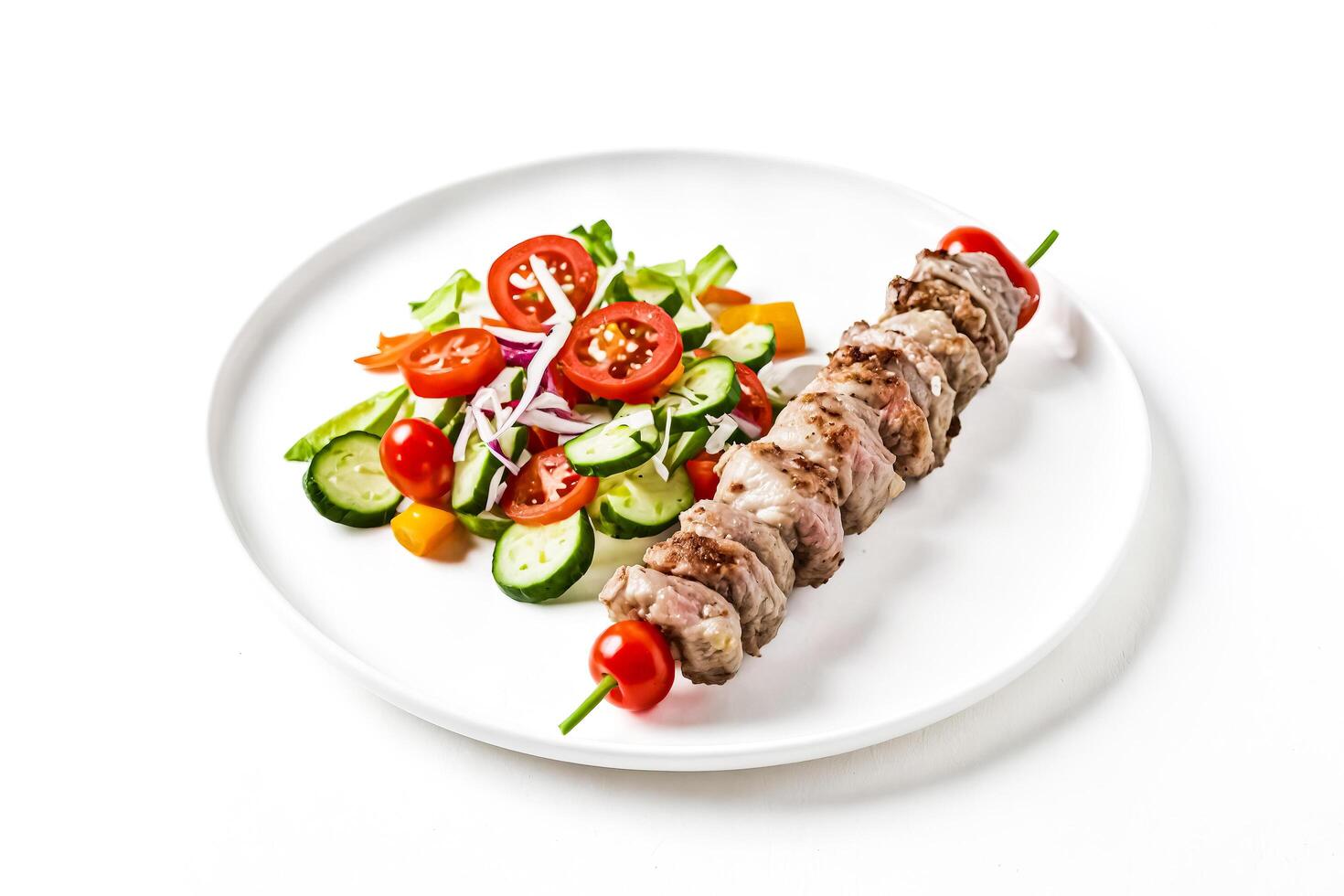 Grilled Meat Skewer with Fresh Salad on White Plate photo