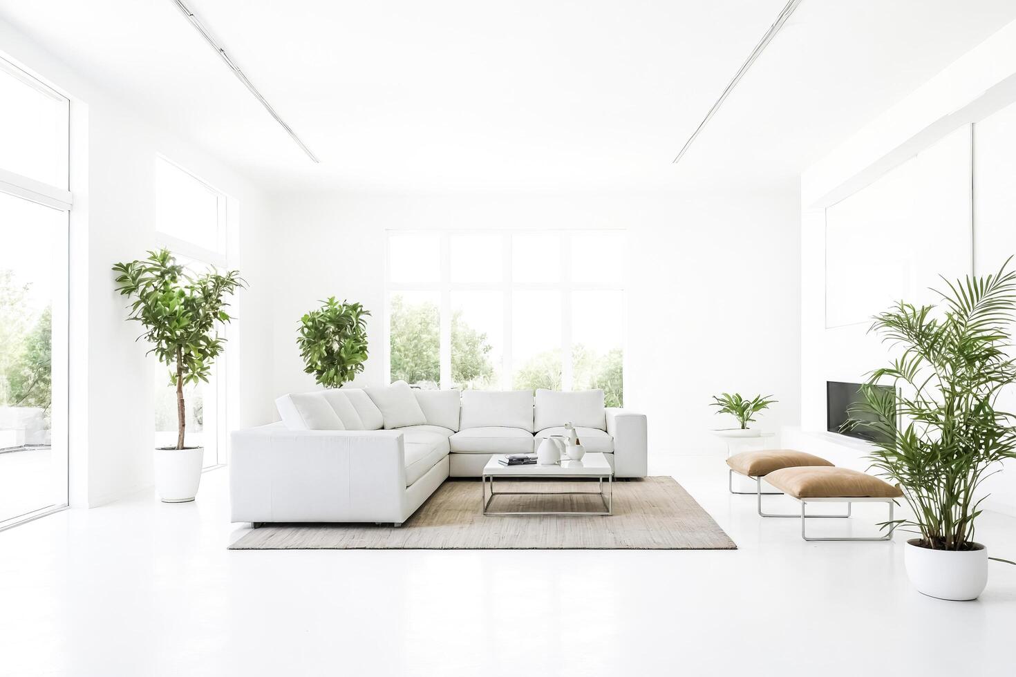 Modern living room with white furniture and potted plants photo