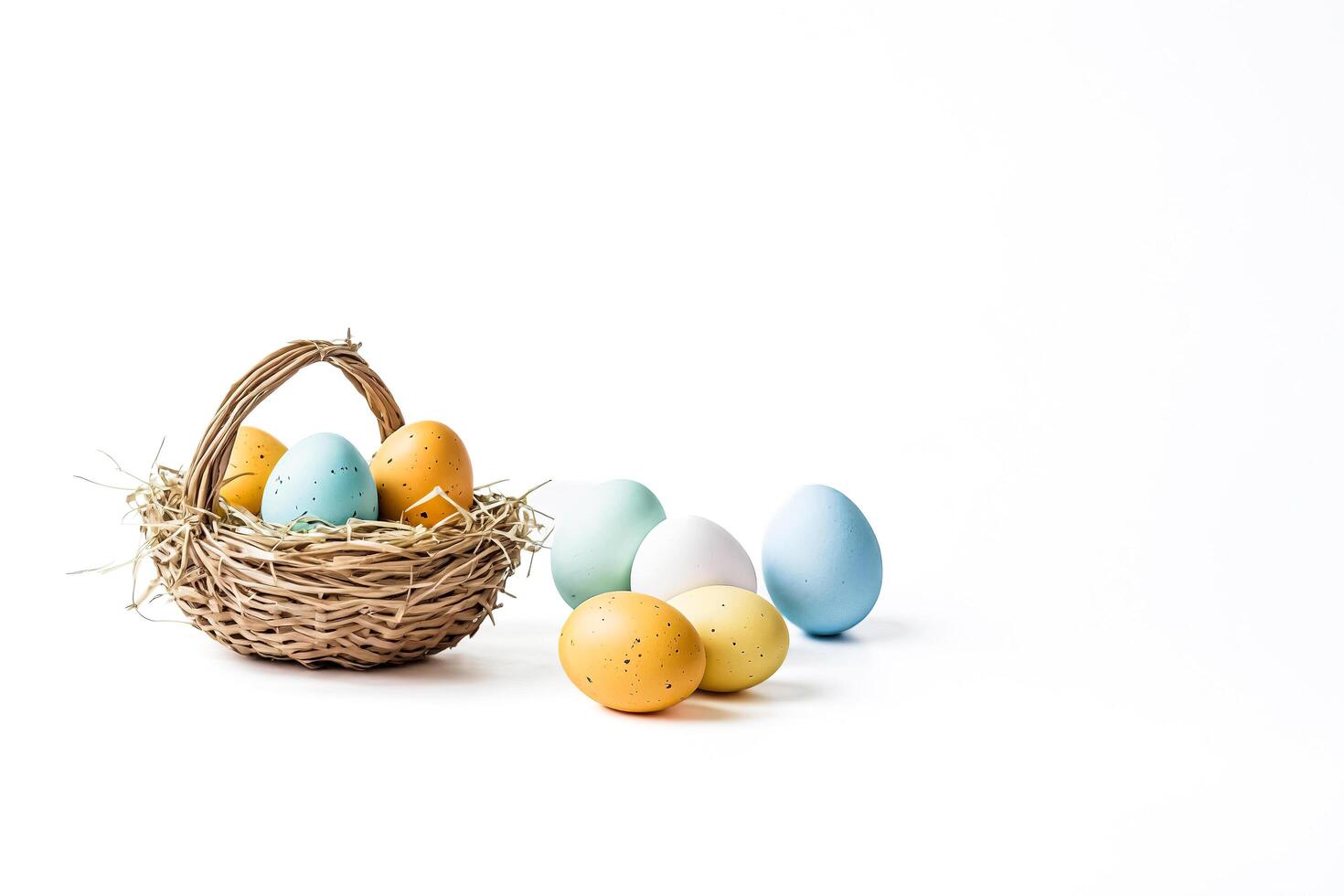 Colorful Easter Eggs in a Basket and on a White Background photo