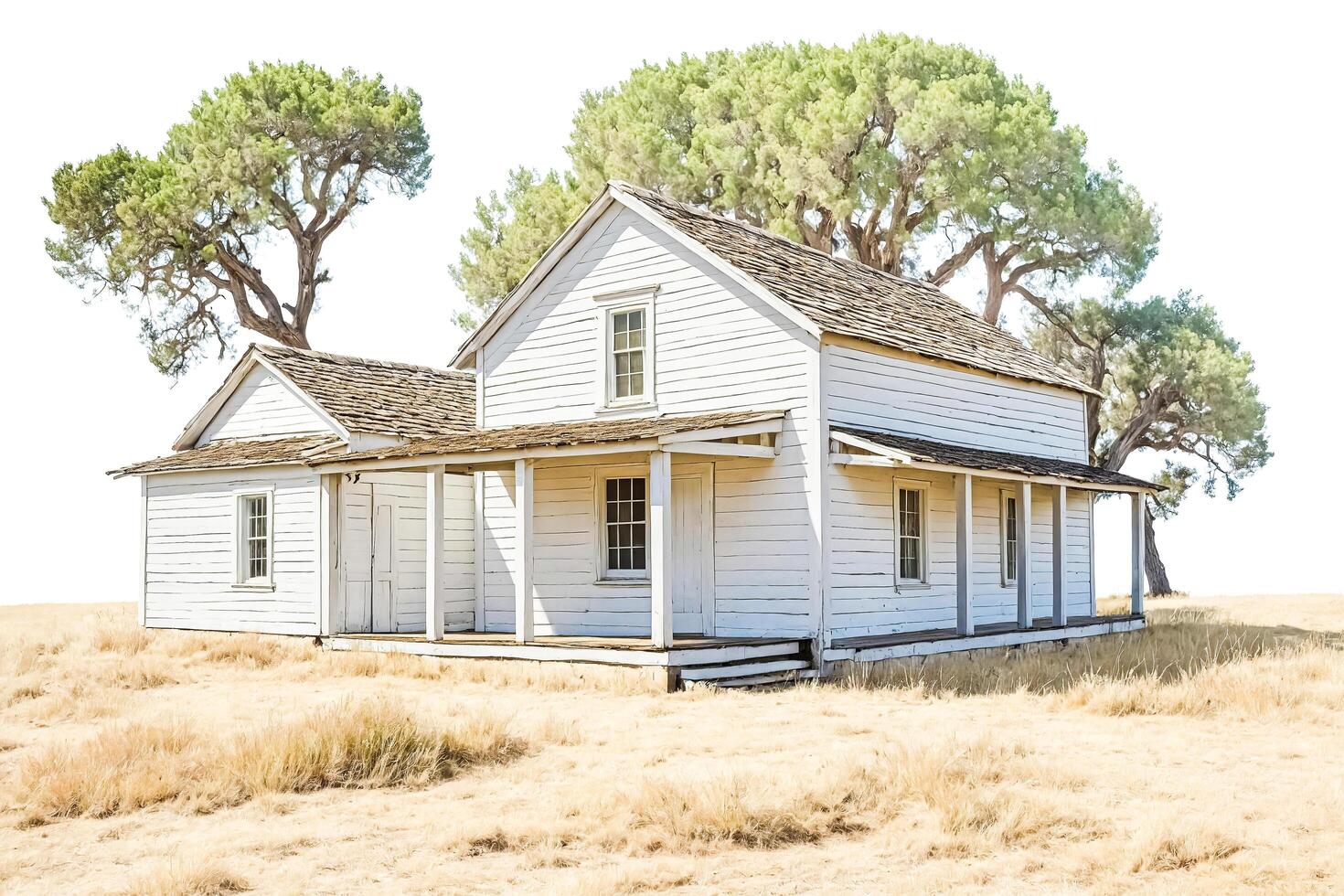 White Farmhouse with Trees in a Field photo
