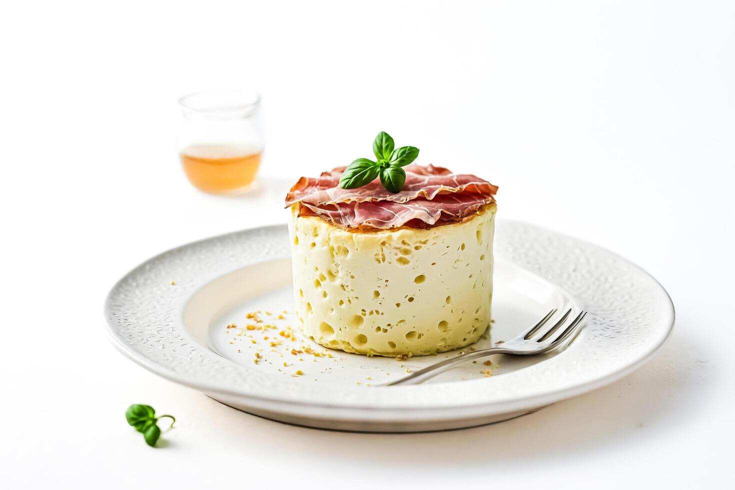 Savory cheese mousse with prosciutto and basil photo