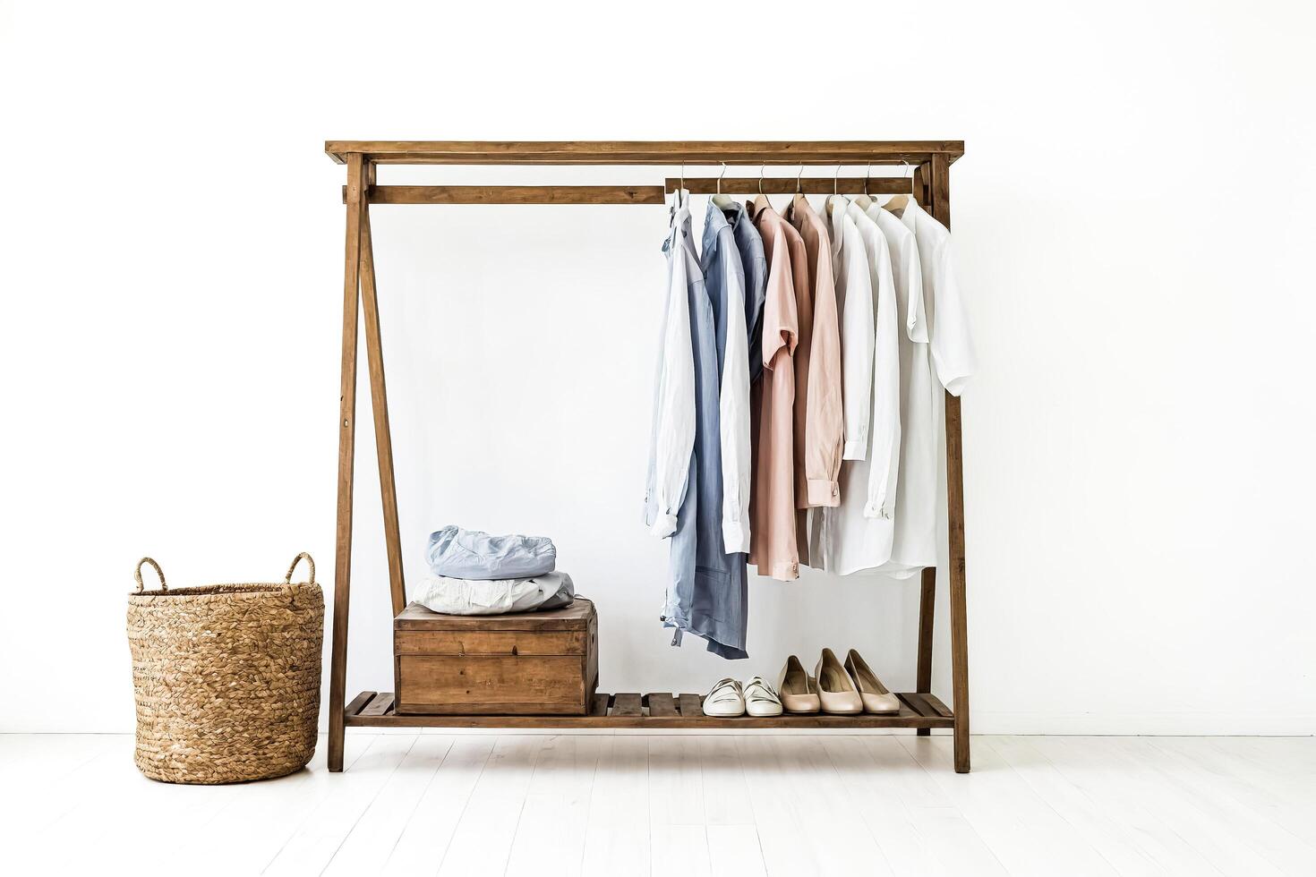 Wooden clothes rack with clothes and shoes photo
