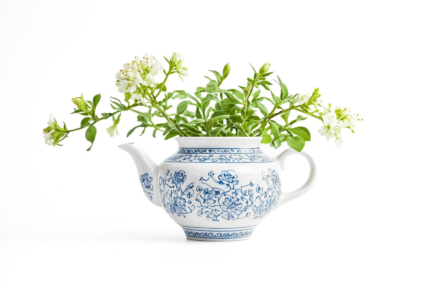 White Flowers in Blue and White Teapot photo