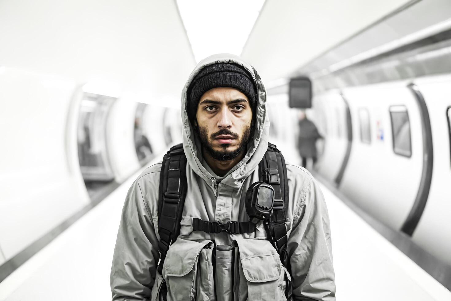Man in hooded jacket looking at camera in a tunnel photo