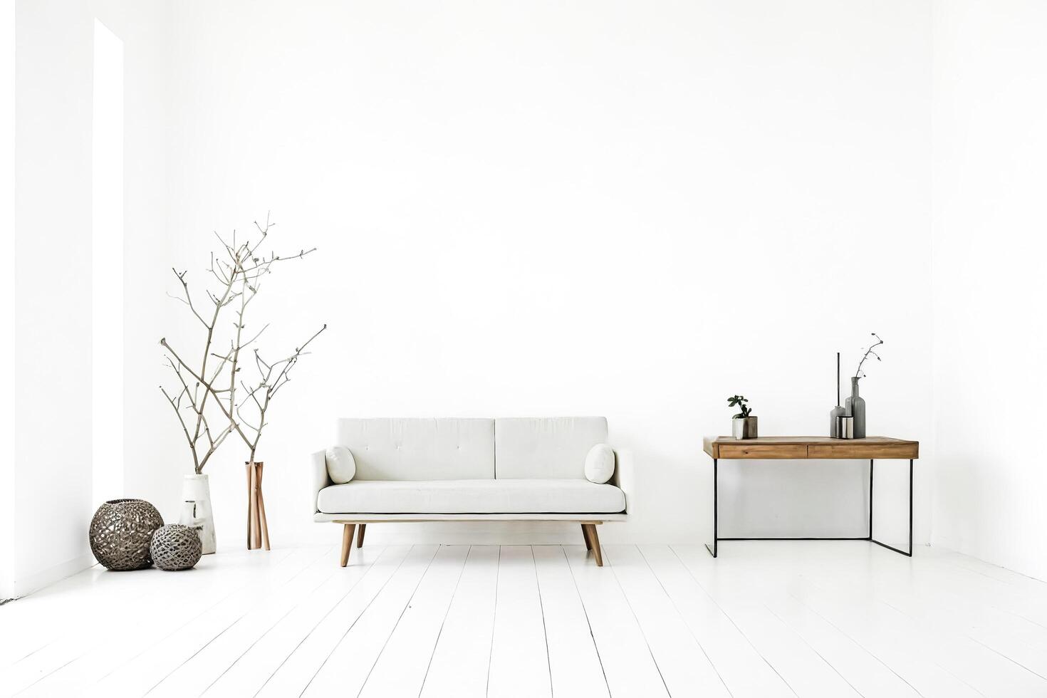 Minimalist White Living Room with Wooden Coffee Table photo