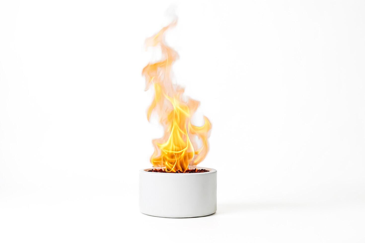 White Modern Fire Pit with Flames on White Background photo