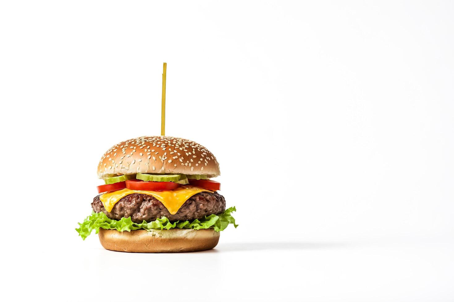 Close-up of a juicy cheeseburger with lettuce and tomato on a white background photo