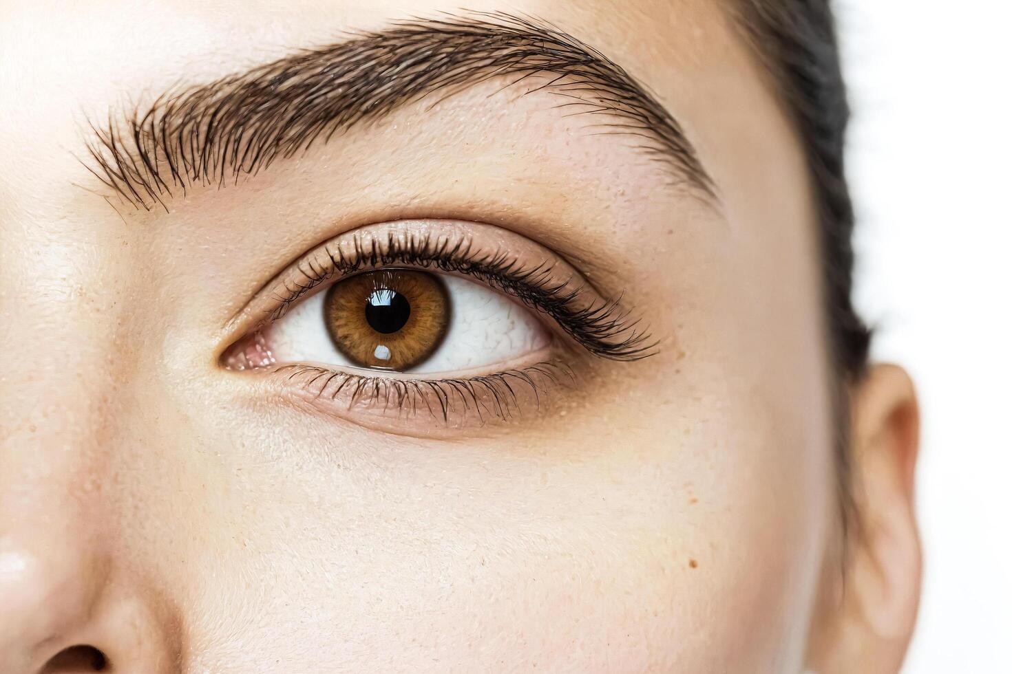 Close-up of a woman's eye with brown iris and long eyelashes photo
