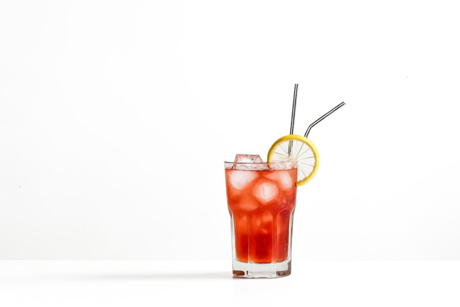 Red Cocktail with Lemon and Ice Cubes in Glass photo