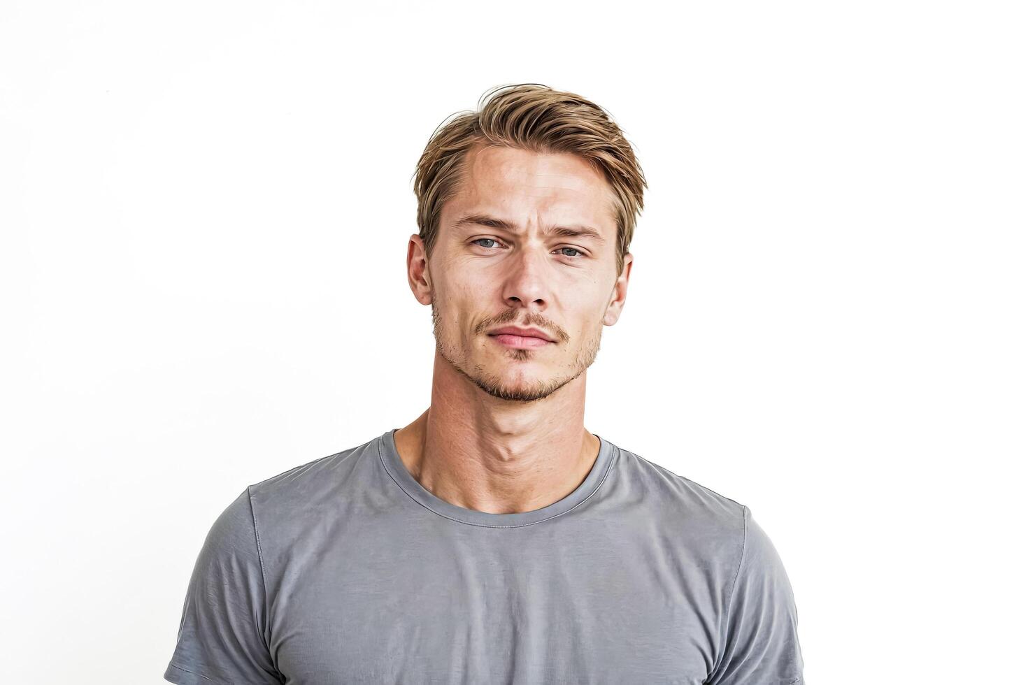 Portrait of a Handsome Man with Blonde Hair and a Grey T-Shirt photo