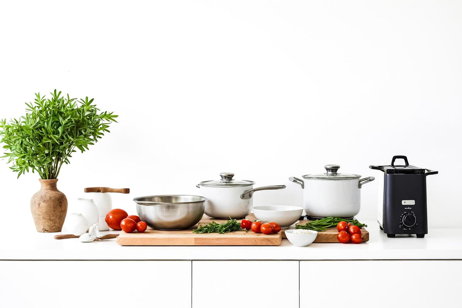 Kitchen countertop with white pots, a toaster and tomatoes photo