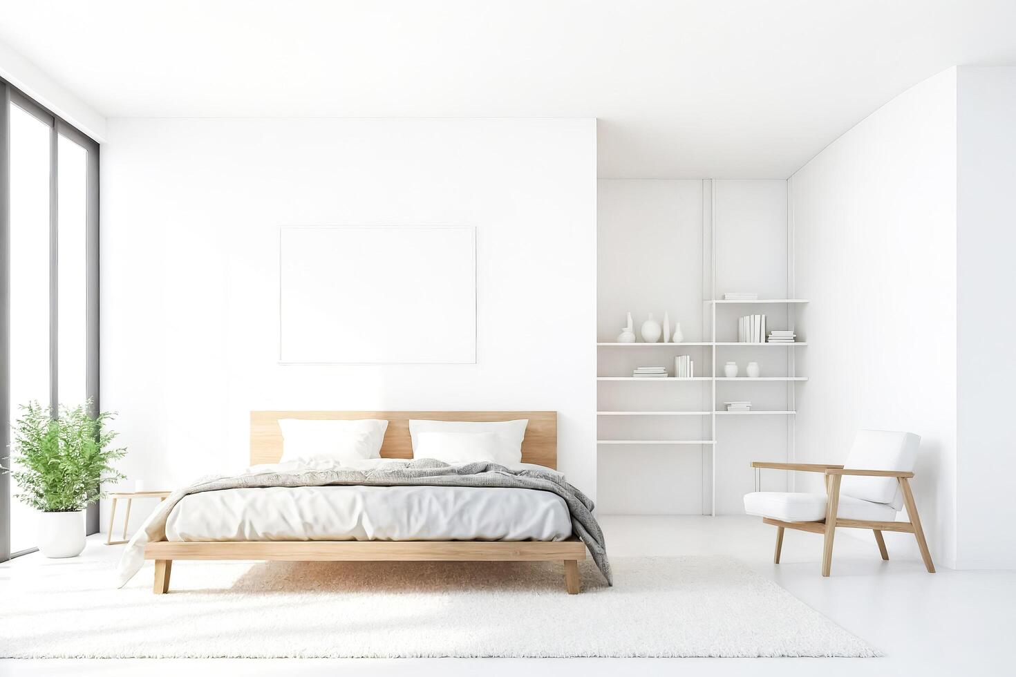 Minimalist White Bedroom with Wooden Bed and White Shag Rug photo