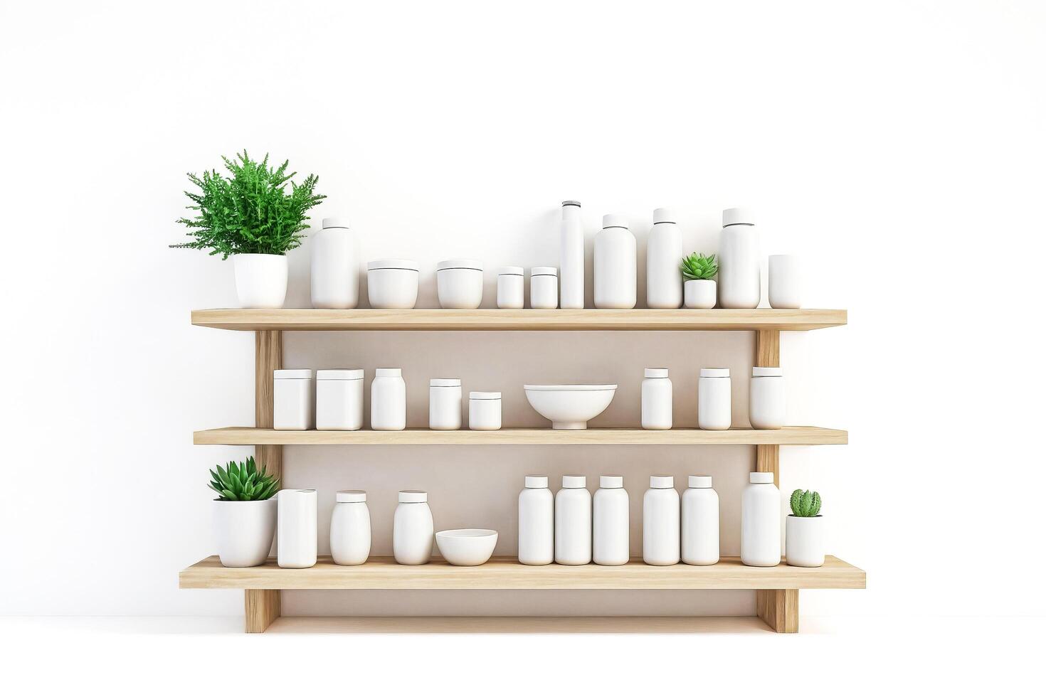 White bottles and jars on wooden shelves photo