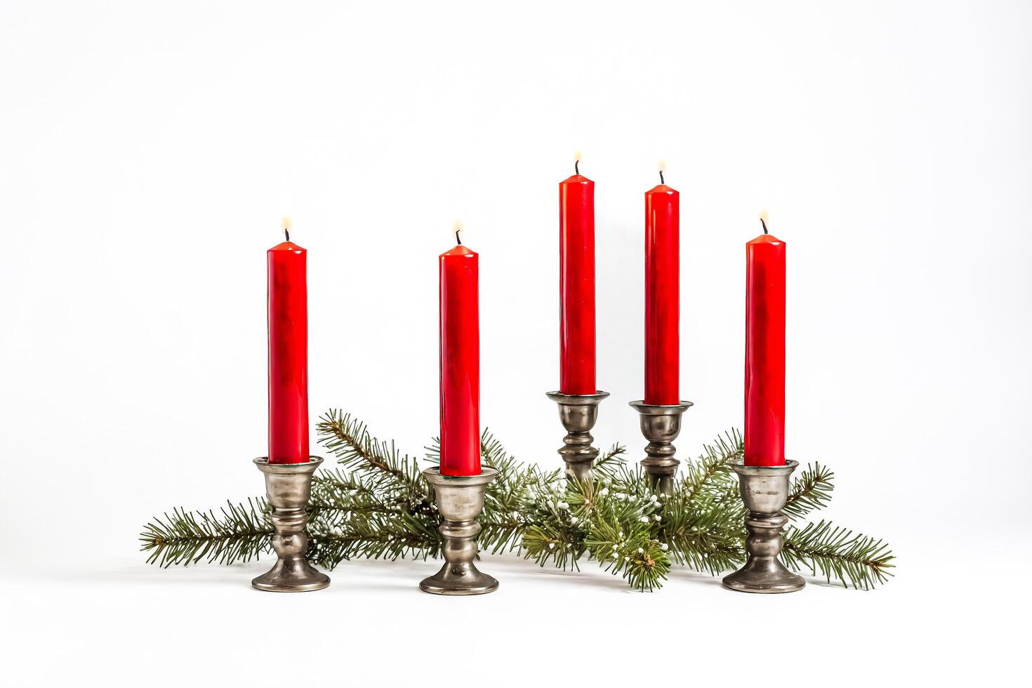 Five Red Candles on Silver Candelabras with Pine Branches photo