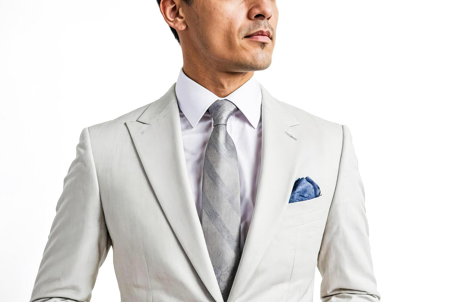 Closeup of a Man Wearing a White Suit with a Grey Tie photo
