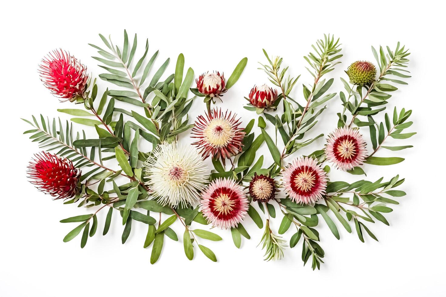 Floral Arrangement with Pink and White Proteas and Greenery photo