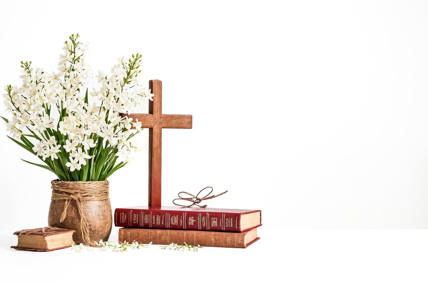 Wooden cross with white flowers and bible photo