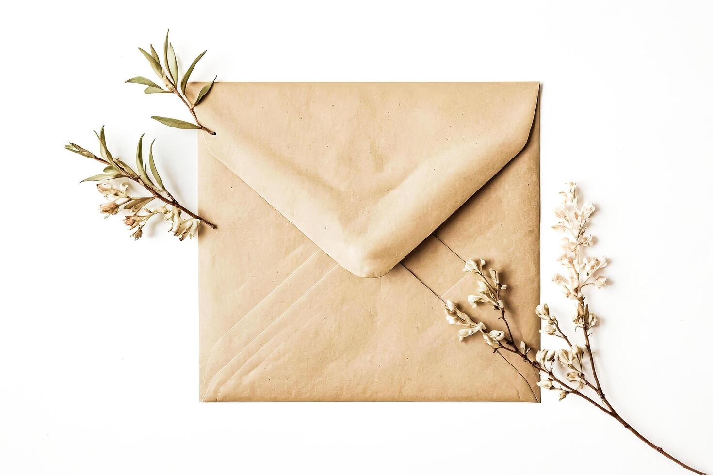 Brown Envelope with Dried Flowers on White Background photo