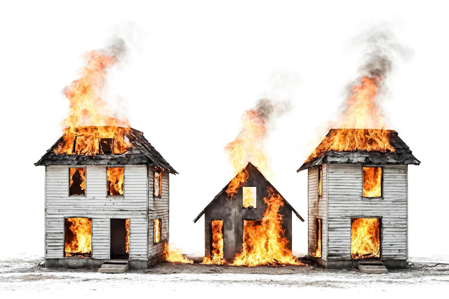 Three burning houses isolated on white photo