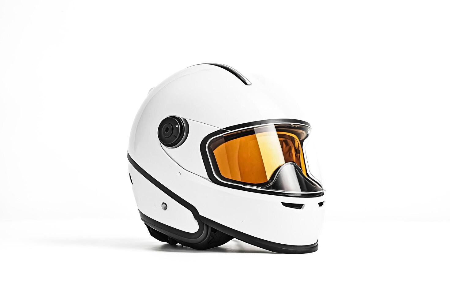 White Motorcycle Helmet with Orange Visor photo