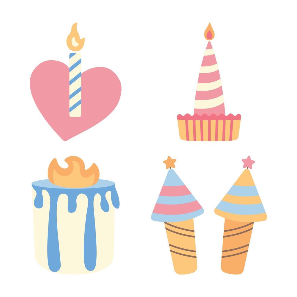 Cute Children Birthday Stuff Cake Burning Candle Illustration Set vector