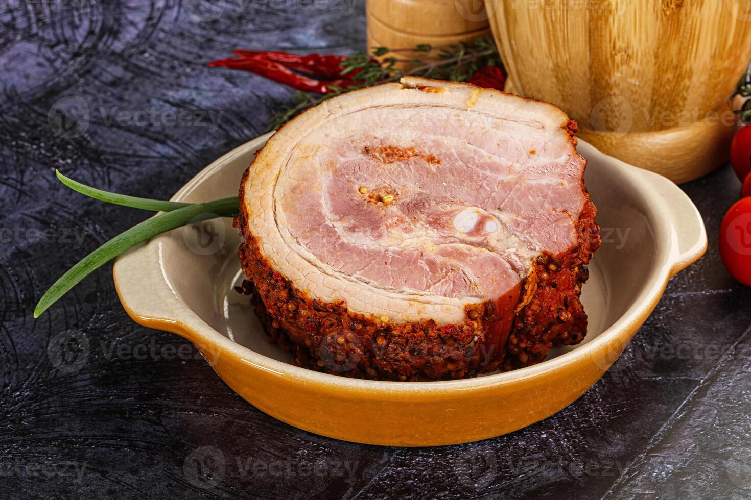 Tasty and fat smoked pork belly photo