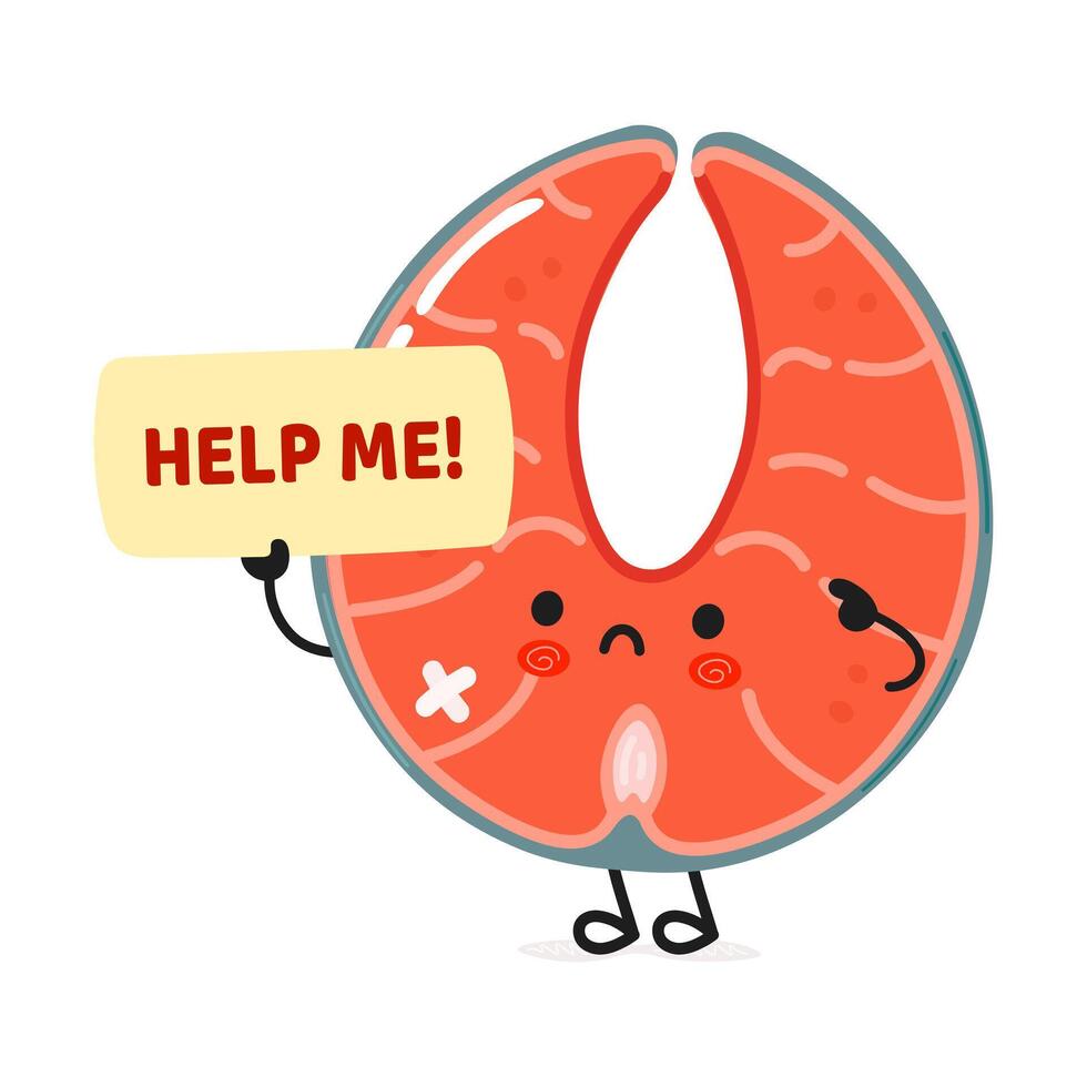 Cute sad sick Red fish salmon asks for help character vector