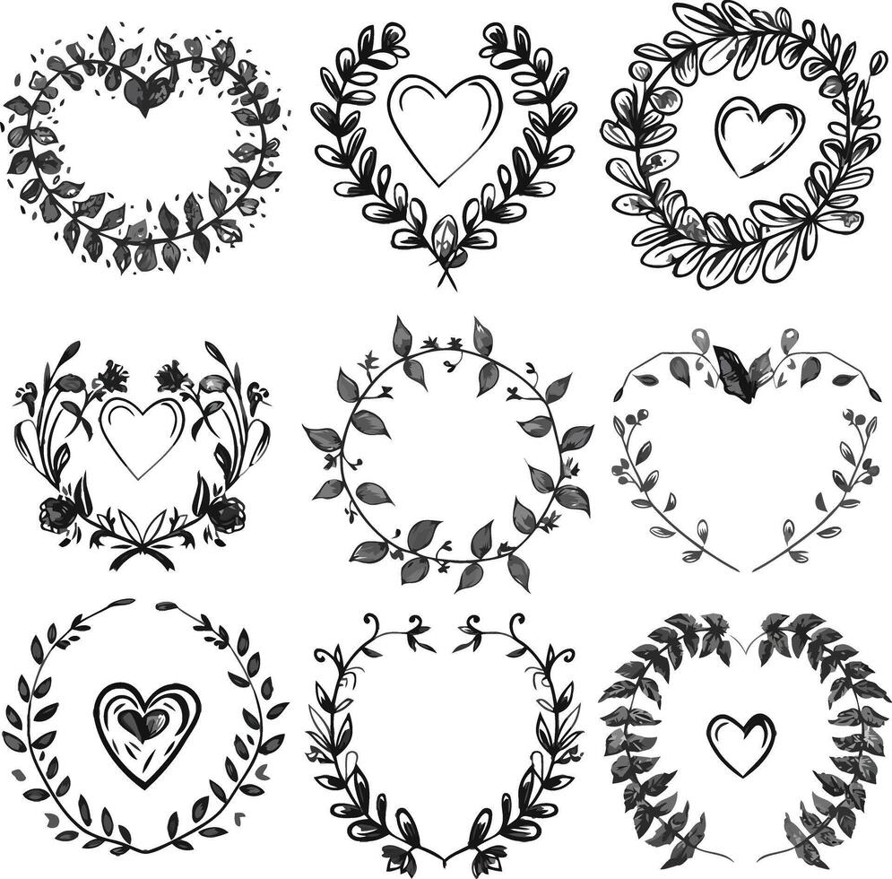 Exquisite Hand-Drawn Floral Frame Set, Flowers and Leaves, Round Borders for Wedding Invitations and Elegant Decorations, Simple Line Art on Clean White Background vector
