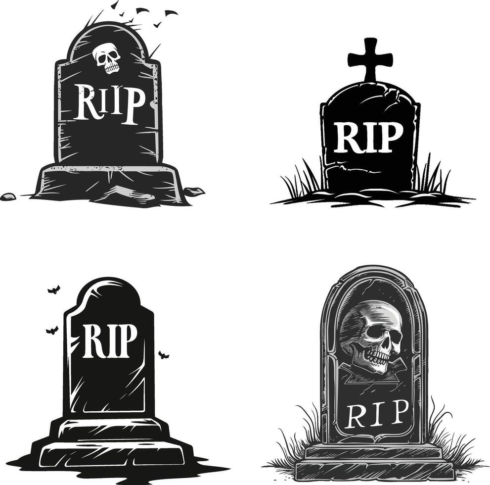 set of tombstones with skulls and tombstone with the words rip and rip vector