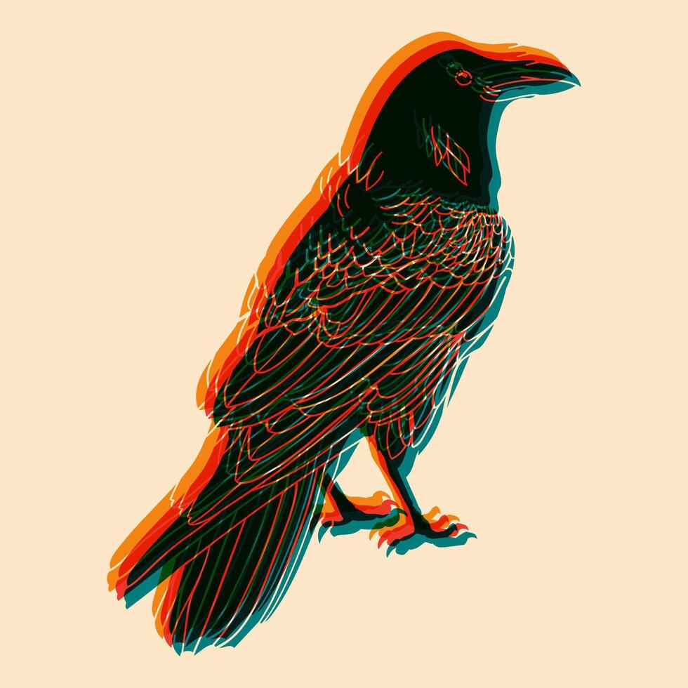 Raven. Colorful cute screen printing effect. Riso print effect. illustration. Graphic element for fabric, textile, clothing, wrapping paper, wallpaper, poster. vector