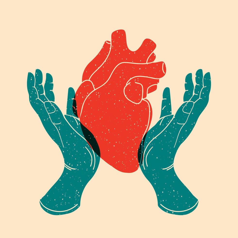 Human heart in hands. Colorful cute screen printing effect. Riso print effect. Graphic element for fabric, textile, clothing, wrapping paper, wallpaper, poster. vector