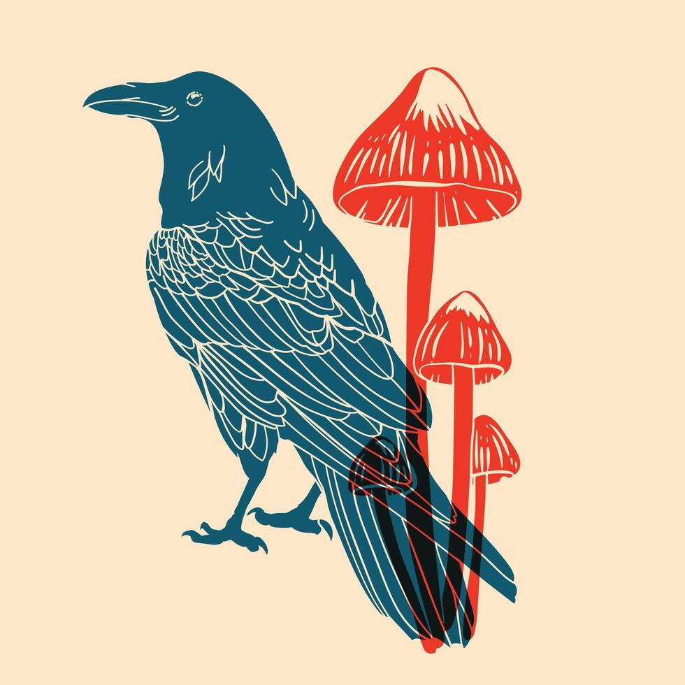 Raven and mushrooms. Colorful cute screen printing effect. Riso print effect. Graphic element for fabric, textile, clothing, wrapping paper, wallpaper, poster. vector