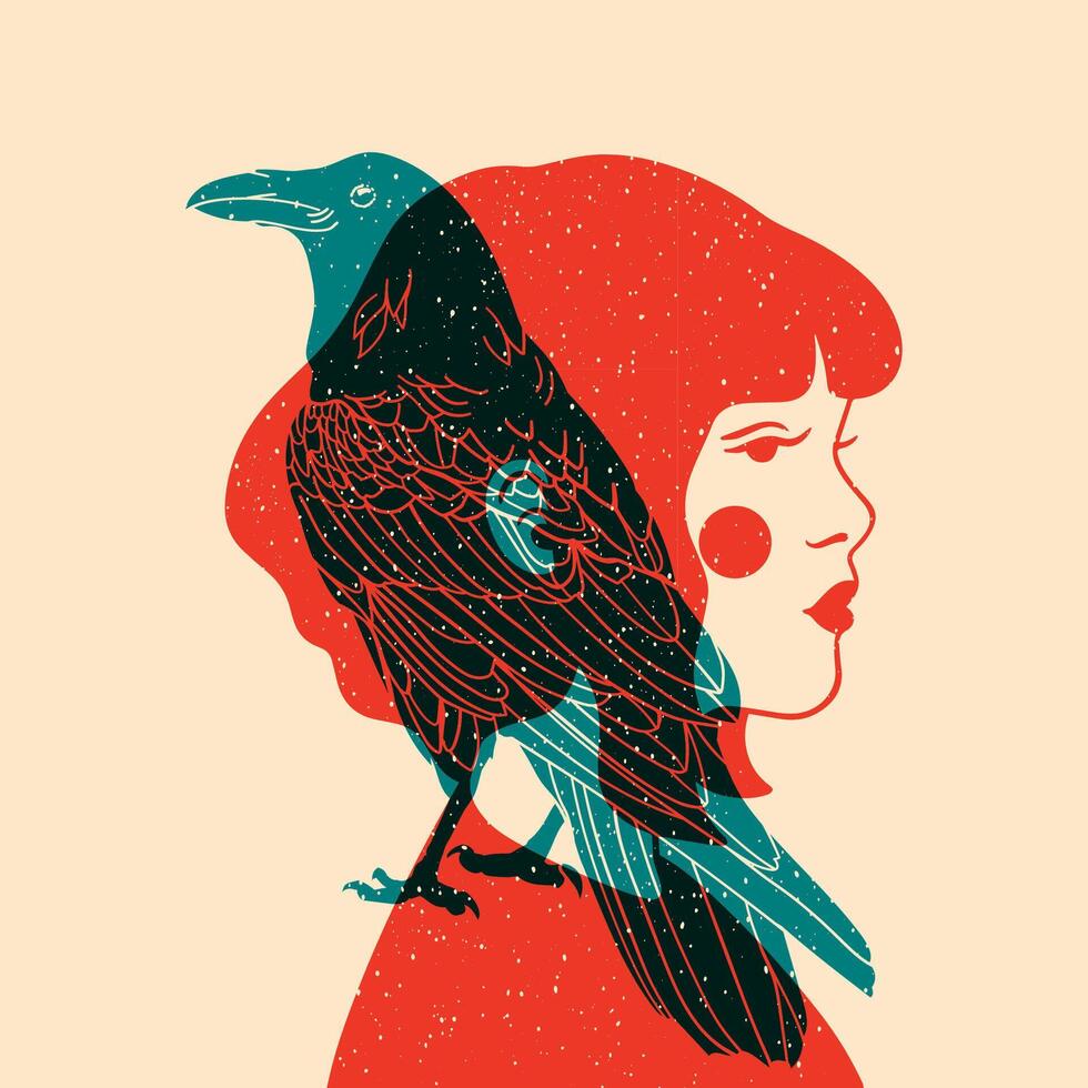 Girl with Raven. Colorful cute screen printing effect. Riso print effect. Graphic element for fabric, textile, clothing, wrapping paper, wallpaper, poster. vector