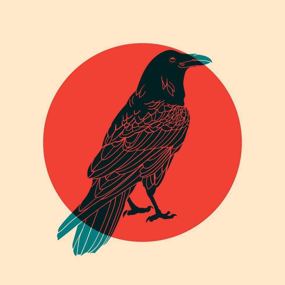 Raven. Colorful cute screen printing effect. Riso print effect. illustration. Graphic element for fabric, textile, clothing, wrapping paper, wallpaper, poster. vector