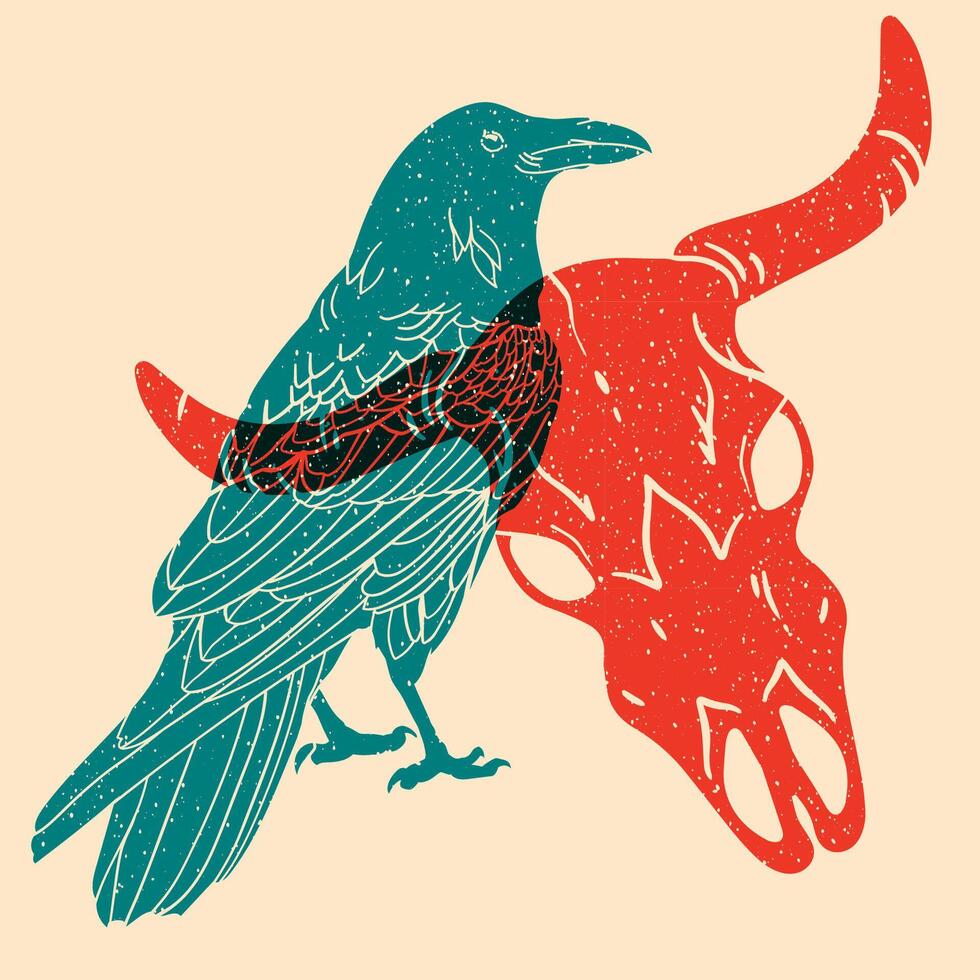 Raven and skull. Colorful cute screen printing effect. Riso print effect. illustration. Graphic element for fabric, textile, clothing, wrapping paper, wallpaper, poster. vector