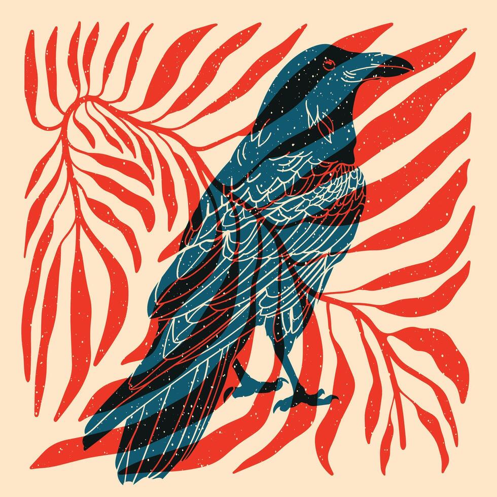 Raven. Colorful cute screen printing effect. Riso print effect. illustration. Graphic element for fabric, textile, clothing, wrapping paper, wallpaper, poster. vector