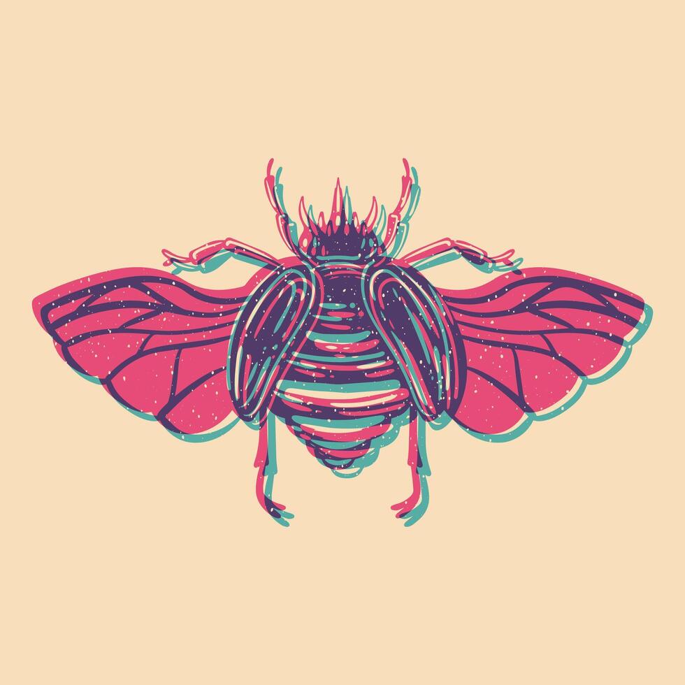 Beetle. Colorful cute screen printing effect. Riso print effect. . Graphic element for fabric, textile, clothing, wrapping paper, wallpaper vector