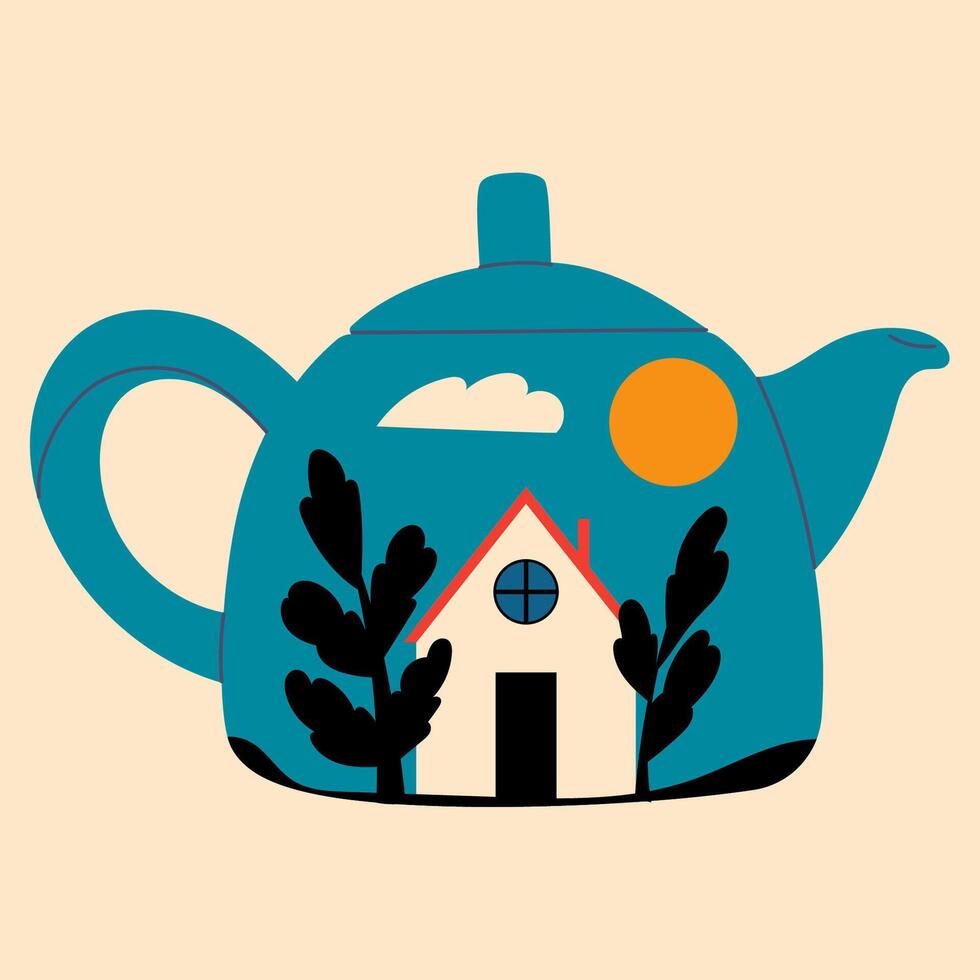 Cute teapot in cartoon doodle flat style. Element for design, posters, fabric patterns, kitchen decor, cafe, dining room, logo vector
