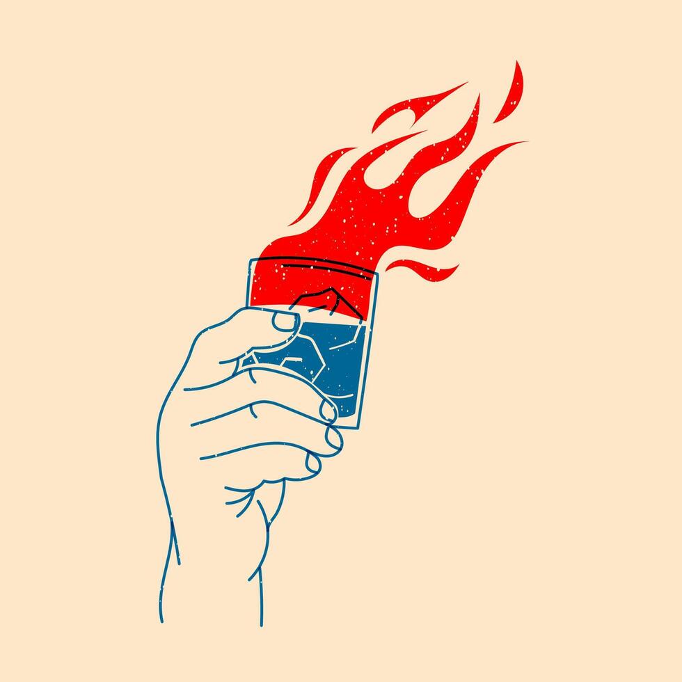 Hand holding cocktail with fire. illustration in a minimalist style with Riso print effect. Design element for advertising, posters, prints for clothing, banners, covers, websites vector