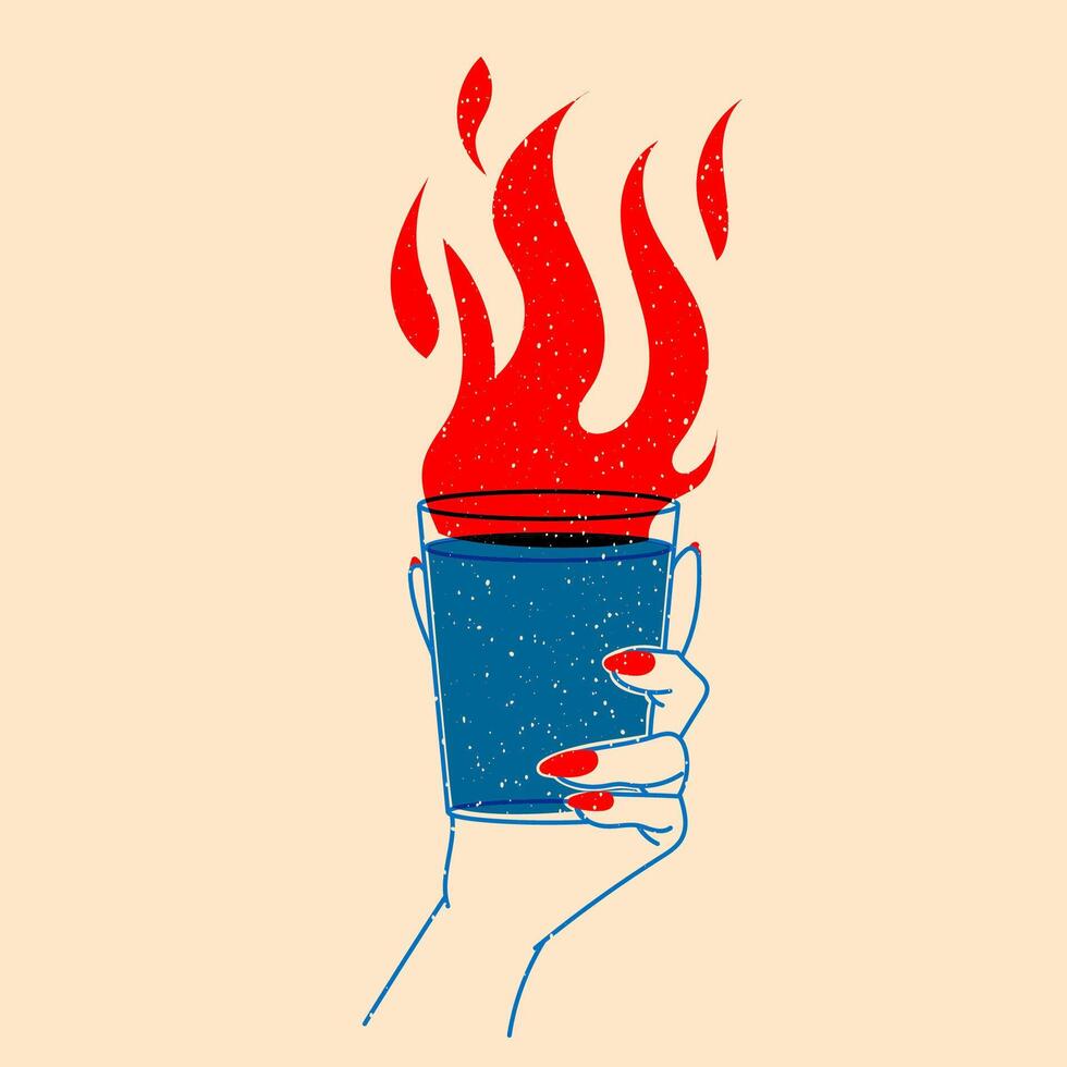 Hand holding cocktail with fire. illustration in a minimalist style with Riso print effect. Design element for advertising, posters, prints for clothing, banners, covers, websites vector