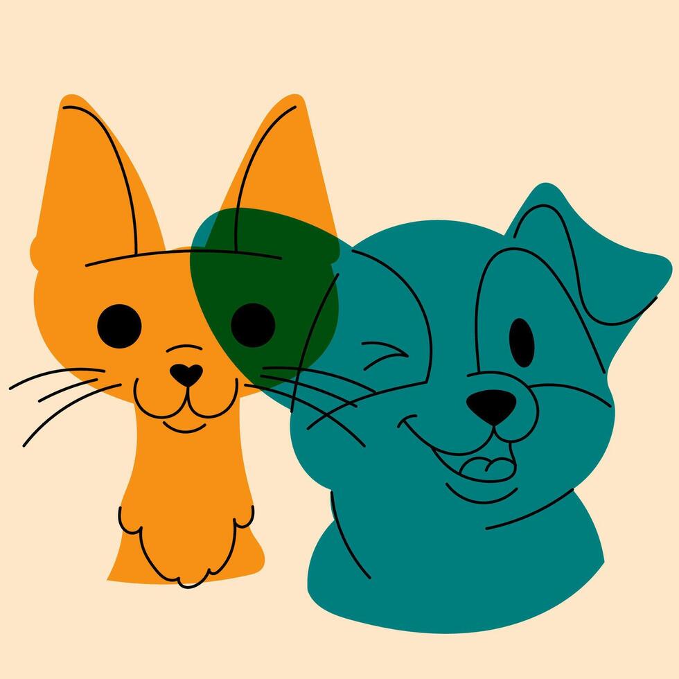 Dog and cat. Avatar, badge, poster, logo templates, print. illustration in a minimalist style with Riso print effect. Flat cartoon style vector