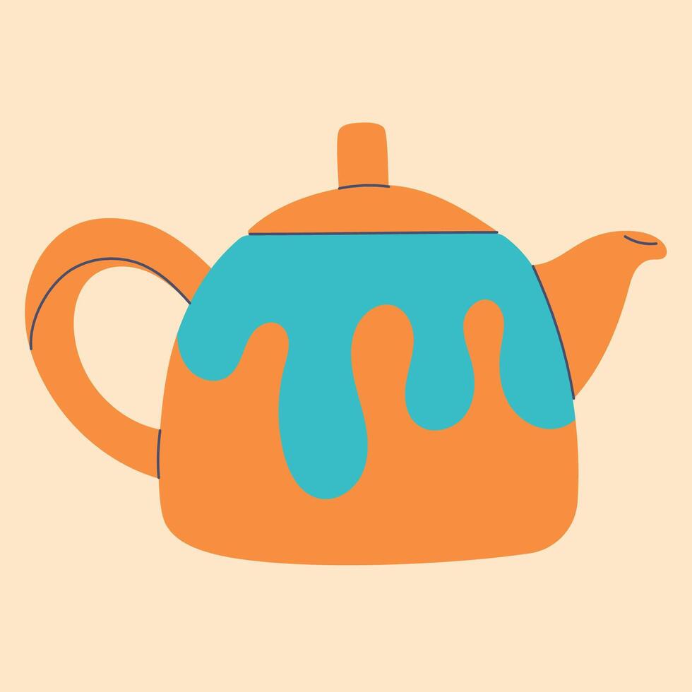 Cute teapot in cartoon doodle flat style. Element for design, posters, fabric patterns, kitchen decor, cafe, dining room, logo vector