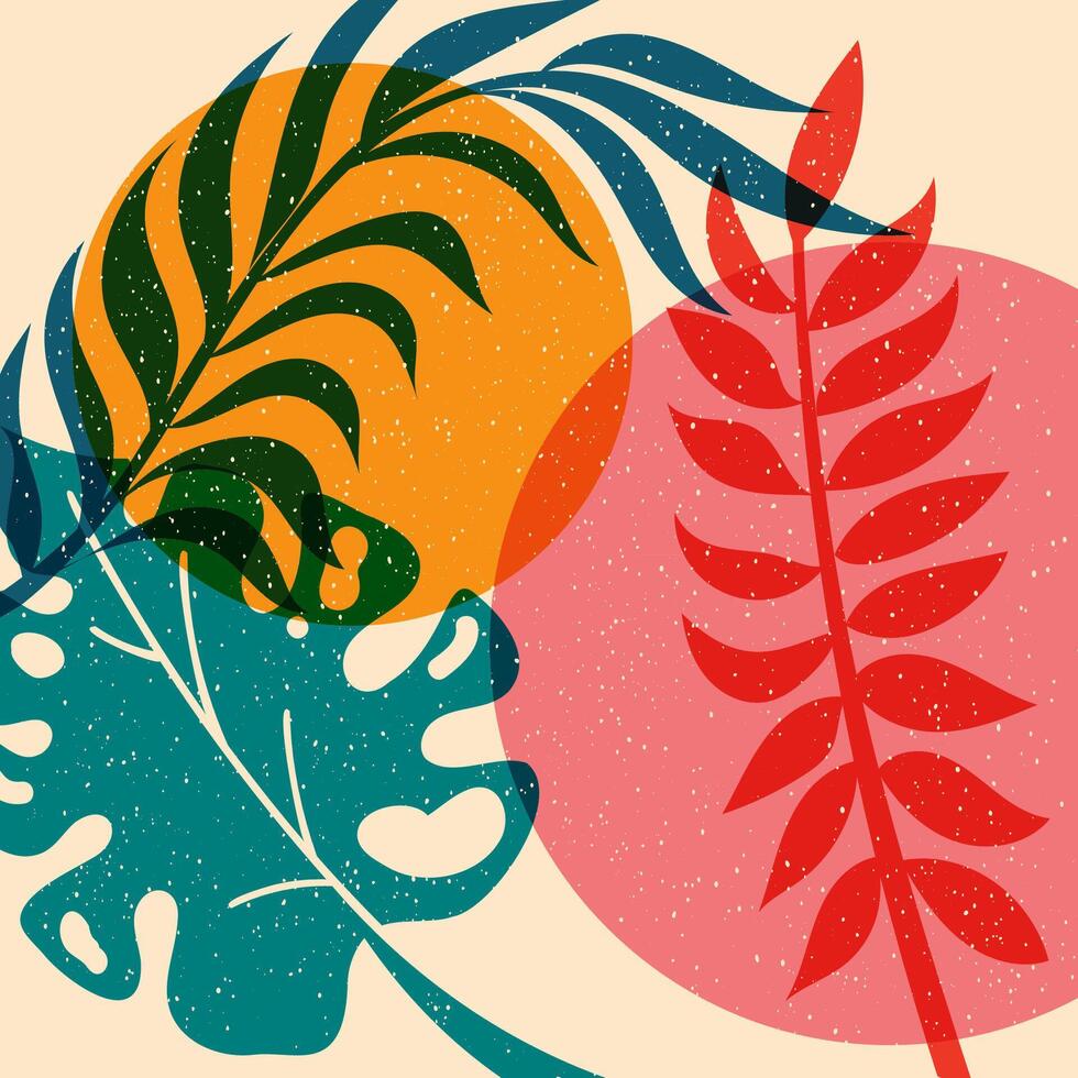 Background with tropical leaves, geometric shapes.Colorful cute screen printing effect. Riso print effect. illustration. Graphic element for fabric, textile, clothing, wrapping paper, poster vector