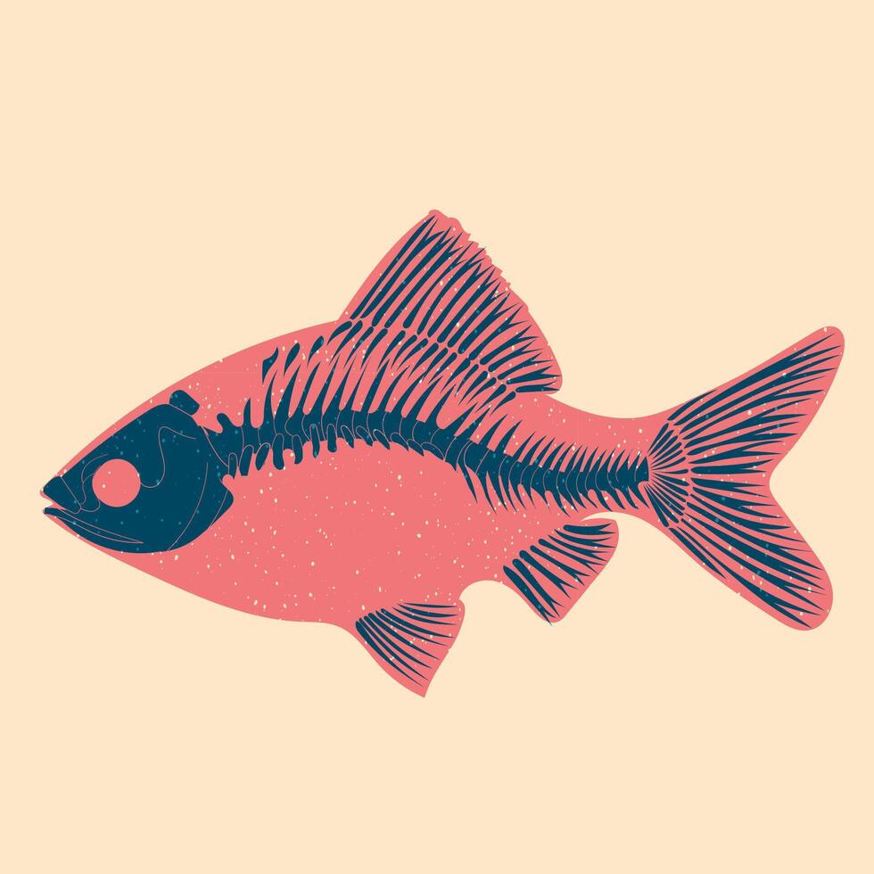 Skeleton of fish. Colorful cute screen printing effect. Riso print effect. illustration. Graphic element for fabric, textile, clothing, wrapping paper, wallpaper, poster. vector