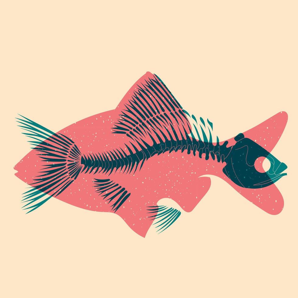 Skeleton of fish. Colorful cute screen printing effect. Riso print effect. illustration. Graphic element for fabric, textile, clothing, wrapping paper, wallpaper, poster. vector