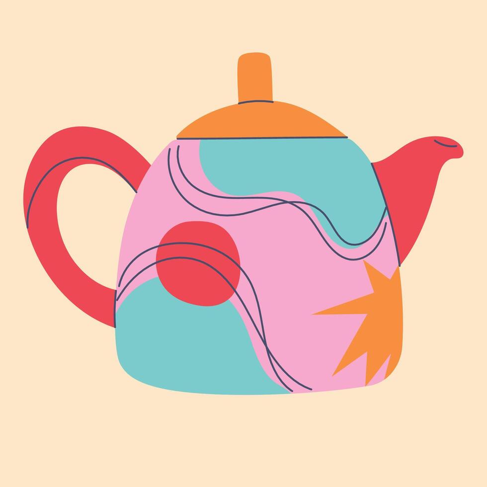 Cute teapot in cartoon doodle flat style. Element for design, posters, fabric patterns, kitchen decor, cafe, dining room, logo vector